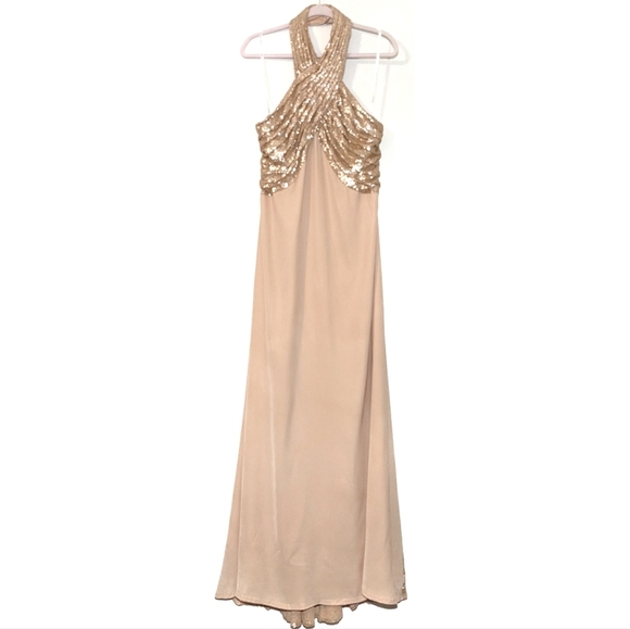 NWT Tadashi Shoji Champagne Halter Sequin Crepe Maxi Gown Dress Size 16 - Picture 4 of 16
